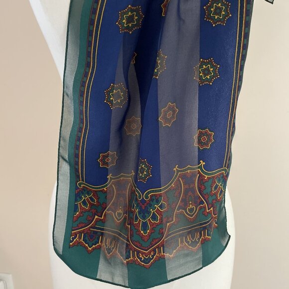 Vintage 80s Silk Scarf Navy Medallions Sheer Satin Stripe Rectangular 10.5X52" - Picture 2 of 6